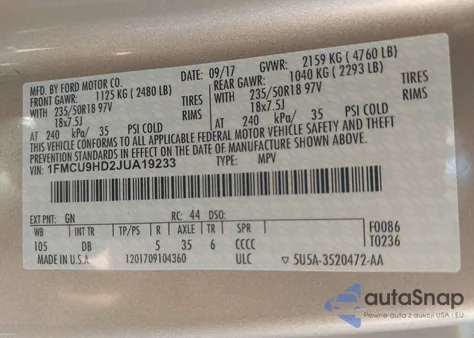 2018 Ford Escape Sel из США, поврежденный, VIN 1FMCU9HD2JUA19233